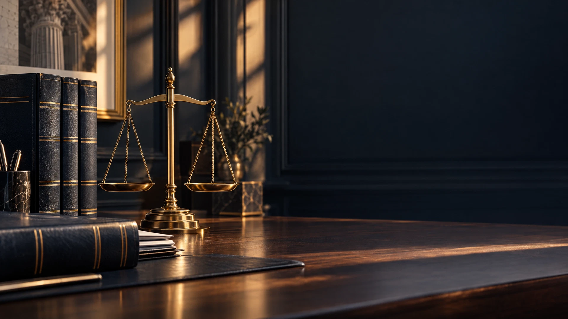 Balança da justiça sobre mesa com livros jurídicos